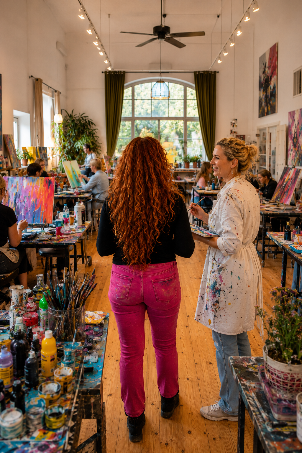Zwei Frauen im Atelier, eine mit langen roten Haaren und pinken Hosen von hinten zu sehen, die andere lächelnd in einem weißen Malkittel mit Farbflecken hält einen Pinsel und eine Palette, im Hintergrund weitere Personen beim Malen an Staffeleien.